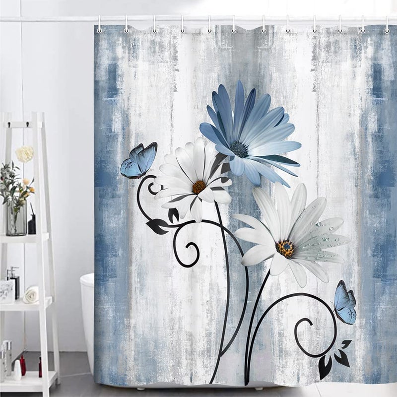 VeiVian Rustic Farmhouse Shower Curtain, Farm Blue Daisy Floral Flowers and Butterfly on Country Wooden Shower Curtain for Bathroom with 12PCS Hooks, 70X70IN, Turquoise Blue - Image 3