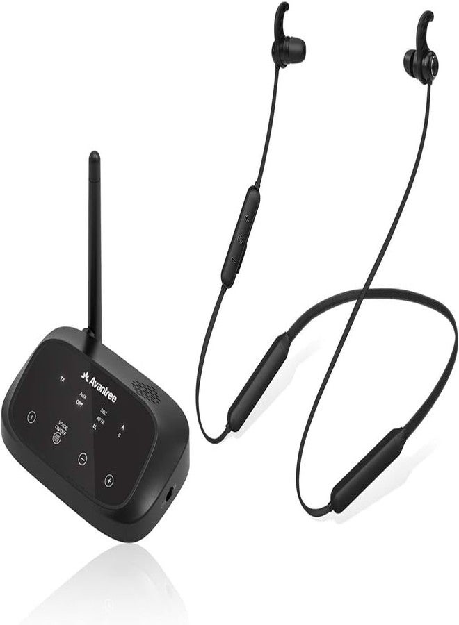 أفانتري سماعات أذن لاسلكية Avantree HT5006 للاستماع إلى التلفزيون، تدعم خاصية تمرير الصوت، سماعات رأس لاسلكية تُعلق حول الرقبة بعمر بطارية يصل إلى 20 ساعة مع جهاز إرسال بلوتوث لأجهزة التلفزيون المزودة بمنافذ صوتية رقمية بصرية، وRCA، وAUX 3.5 ملم، سهلة الاستخدام، بدون تأخير في الصوت - Image 1