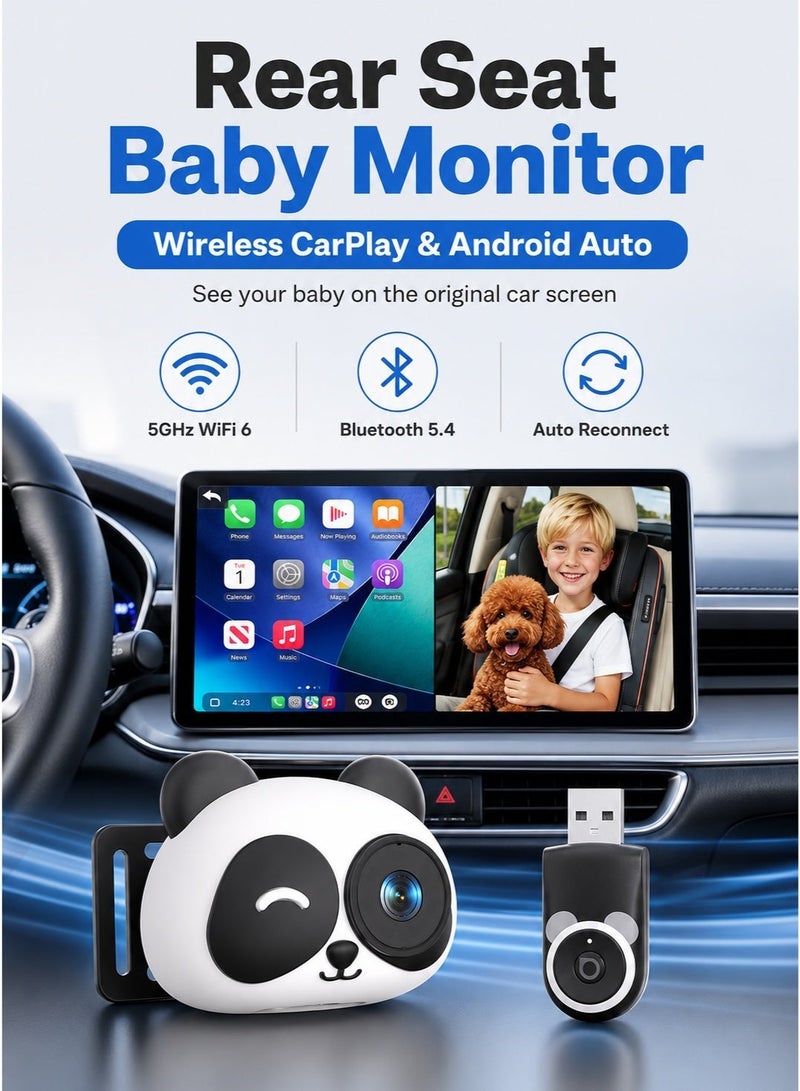 Ottocast Rear Guardian Wireless CarPlay Baby Camera for Cars, Panda Cabin Monitor with 150° Wide Angle Night Vision, WiFi 6, Bluetooth 5.4, Auto Reconnect, No Extra Screen Needed - Image 2