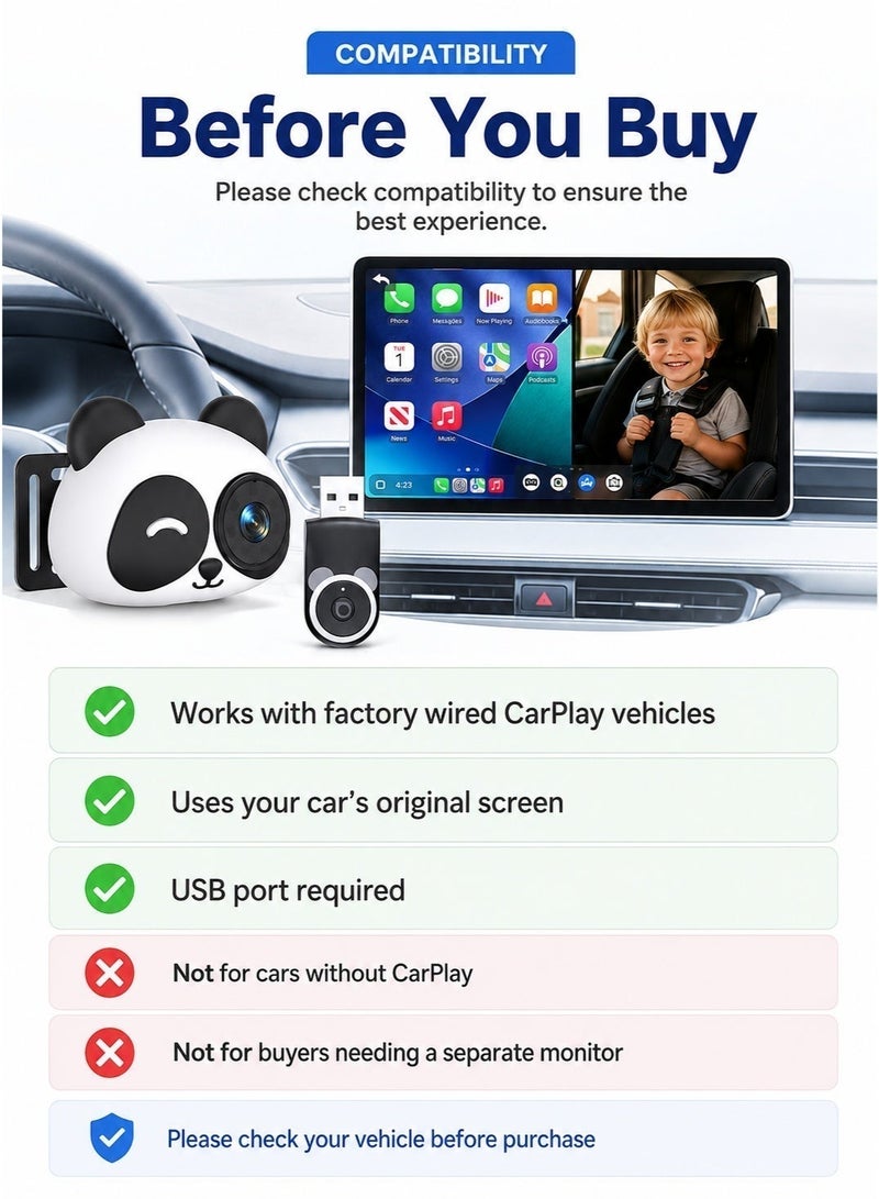 Ottocast Rear Guardian Wireless CarPlay Baby Camera for Cars, Panda Cabin Monitor with 150° Wide Angle Night Vision, WiFi 6, Bluetooth 5.4, Auto Reconnect, No Extra Screen Needed - Image 2