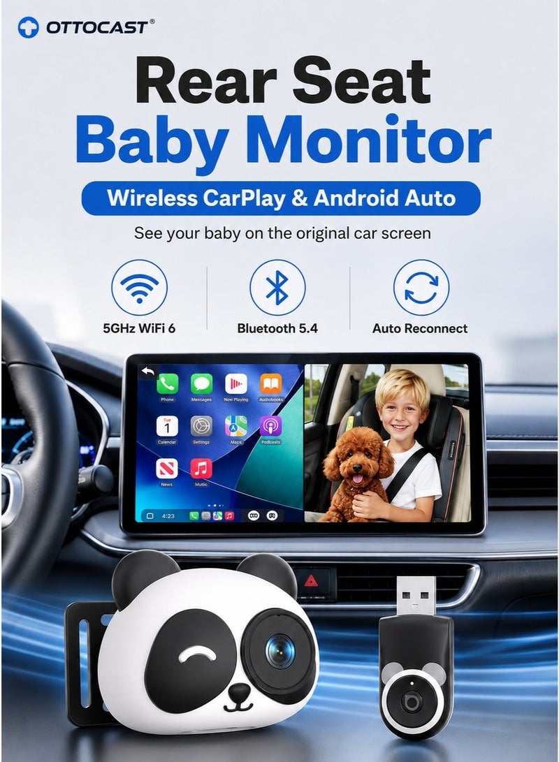 Ottocast Rear Guardian Wireless CarPlay Baby Camera for Cars, Panda Cabin Monitor with 150° Wide Angle Night Vision, WiFi 6, Bluetooth 5.4, Auto Reconnect, No Extra Screen Needed - Image 1