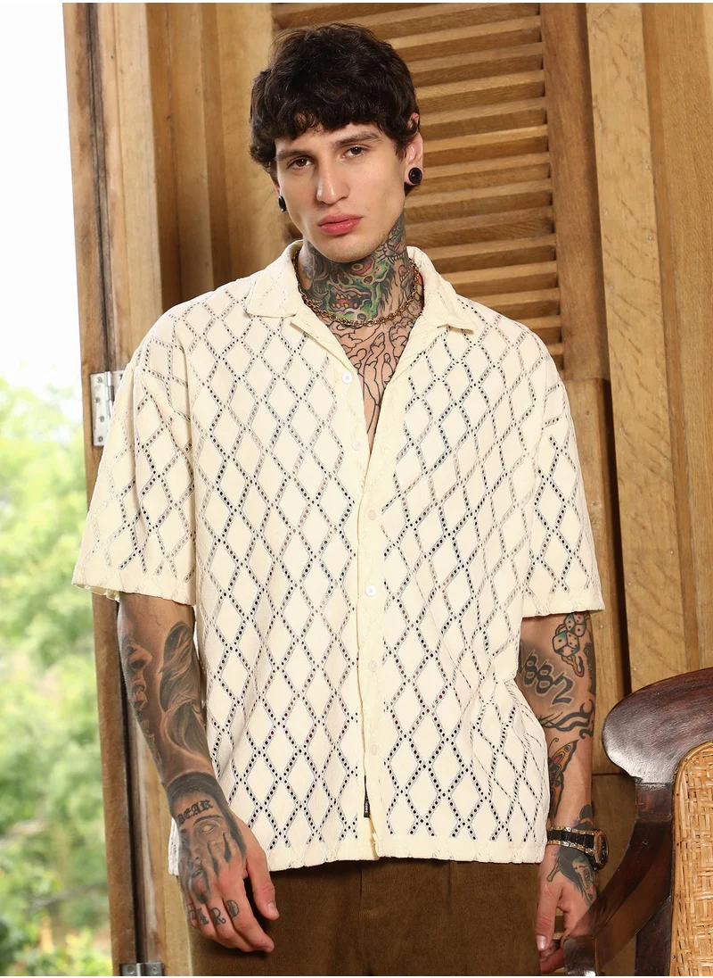 كامبوس سوترا Men's Off-White Argyle-Crochet Resort Shirt For Casual Wear | Cuban Collar | Short Regular Sleeves | Button Closure | Oversized Shirt Crafted With Comfort Fit For Everyday Wear
