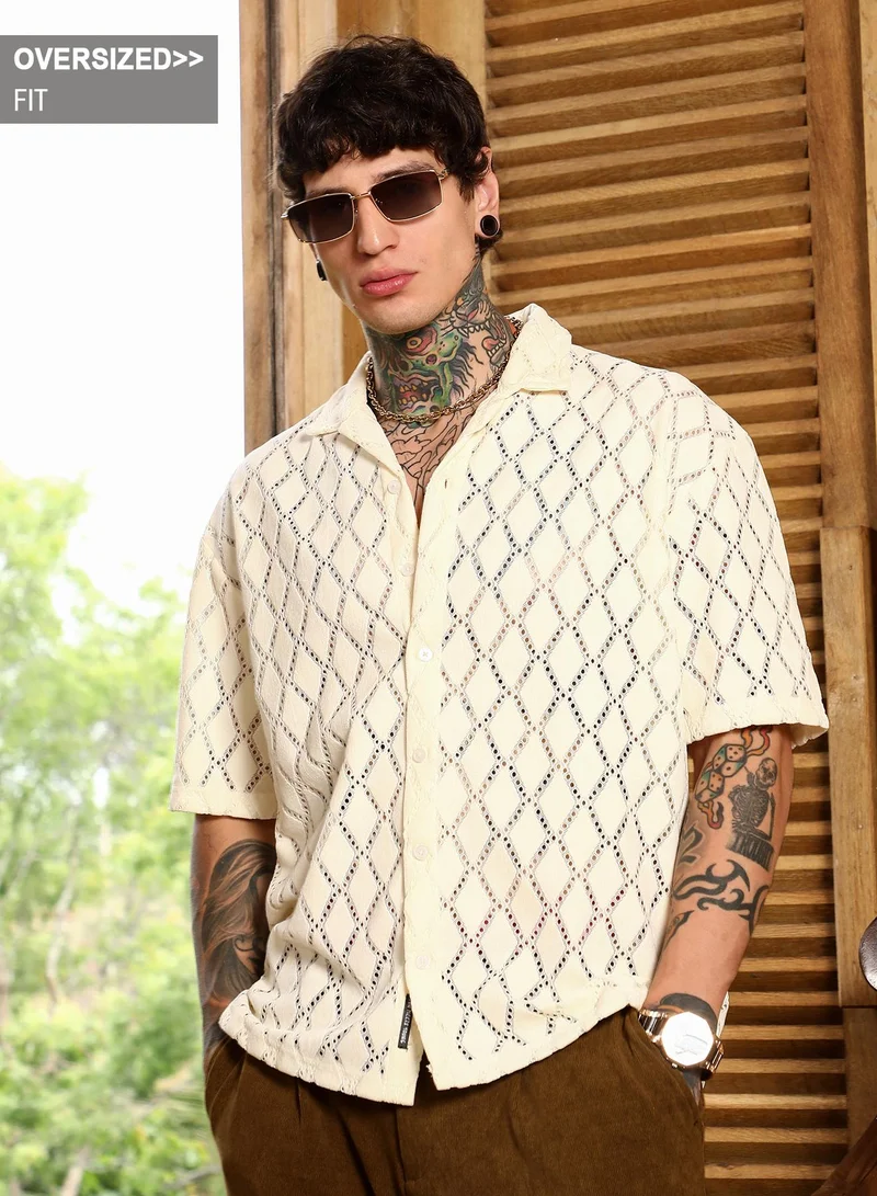 Campus Sutra Campus Sutra Men's Off-White Argyle-Crochet Resort Shirt For Casual Wear | Cuban Collar | Short Regular Sleeves | Button Closure | Oversized Shirt Crafted With Comfort Fit For Everyday Wear