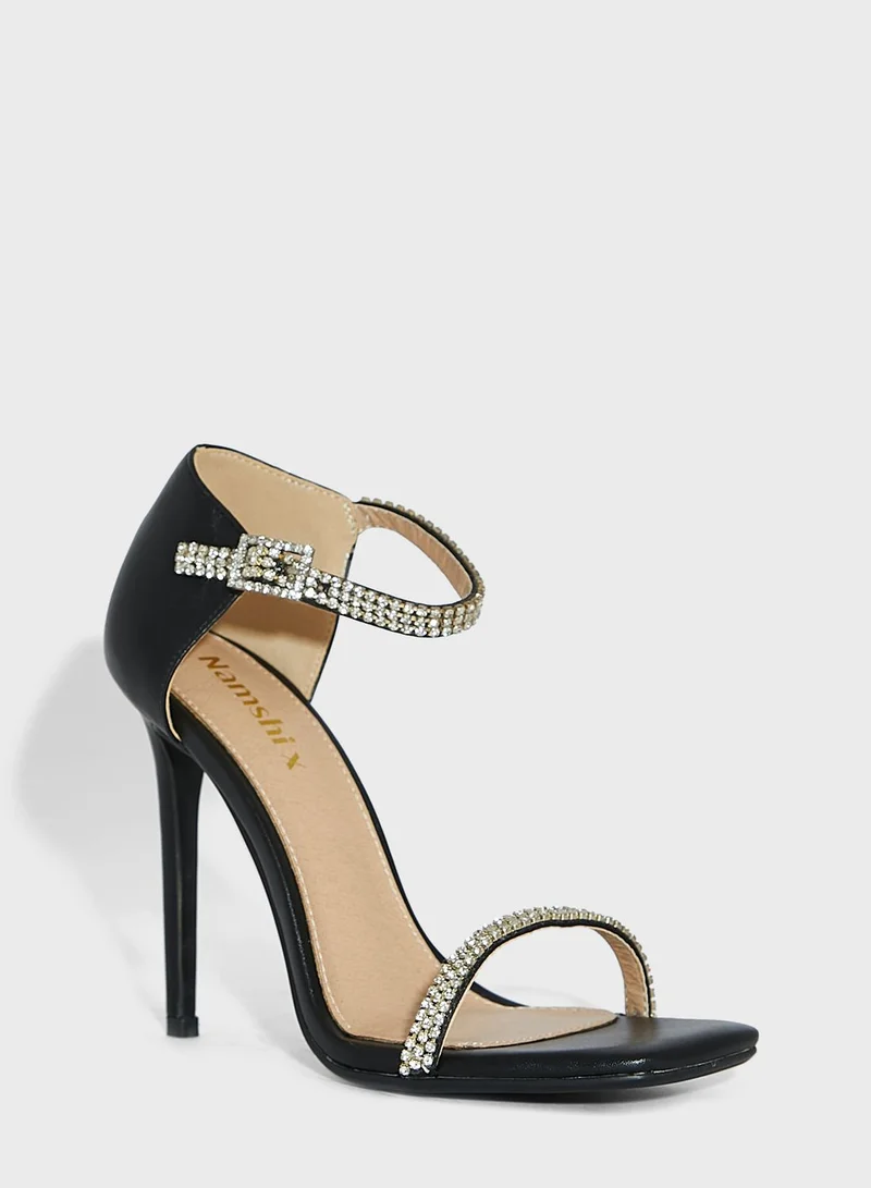 Namshi x Sabrina Diamante Ankle Strap Square Toe Sandal