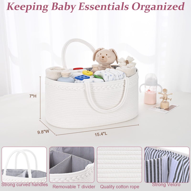 Degeyoyo 13.5L Baby Diaper Caddy Organizer, 15.3"x9.8"x7" Cotton Rope Diaper Basket, Changing Table Storage Caddy With Removable Divider, Baby Basket for Nursery, Car, Diapers, Baby Shower Gifts for Newborn - Image 5
