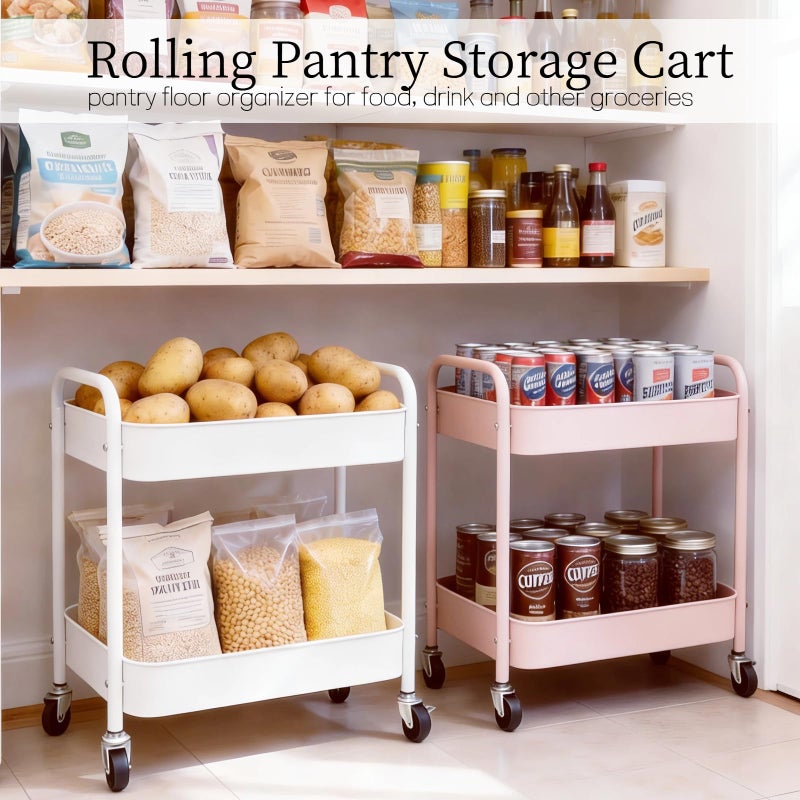 Ufriandz Pink 2 Tier Rolling Cart Metal with Wheels Under Desk Storage Cart for Small Space Organization, Small Trolley for Pantry Room Laundry Bathroom Kitchen Office Art Snack Baby Supplies - Image 4