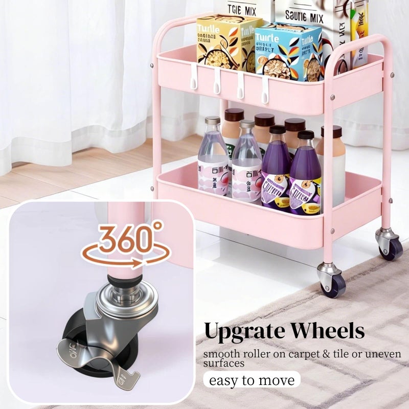 Ufriandz Pink 2 Tier Rolling Cart Metal with Wheels Under Desk Storage Cart for Small Space Organization, Small Trolley for Pantry Room Laundry Bathroom Kitchen Office Art Snack Baby Supplies - Image 3