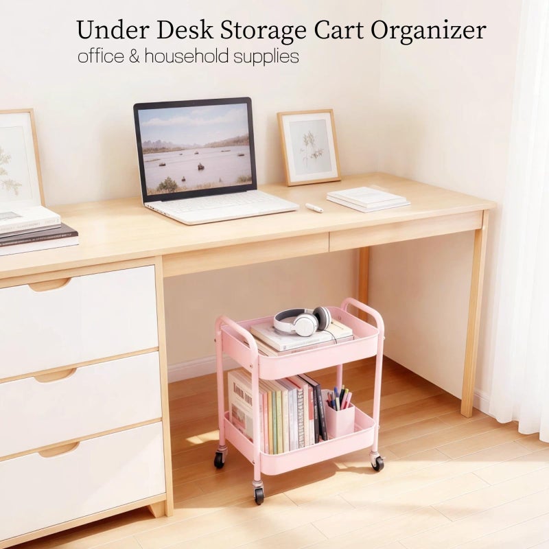 Ufriandz Pink 2 Tier Rolling Cart Metal with Wheels Under Desk Storage Cart for Small Space Organization, Small Trolley for Pantry Room Laundry Bathroom Kitchen Office Art Snack Baby Supplies - Image 2