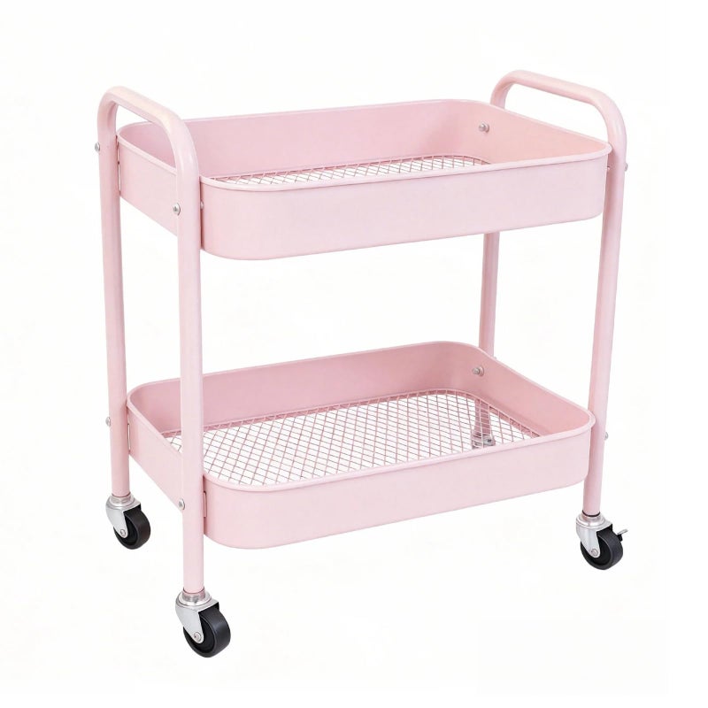 Ufriandz Pink 2 Tier Rolling Cart Metal with Wheels Under Desk Storage Cart for Small Space Organization, Small Trolley for Pantry Room Laundry Bathroom Kitchen Office Art Snack Baby Supplies - Image 1