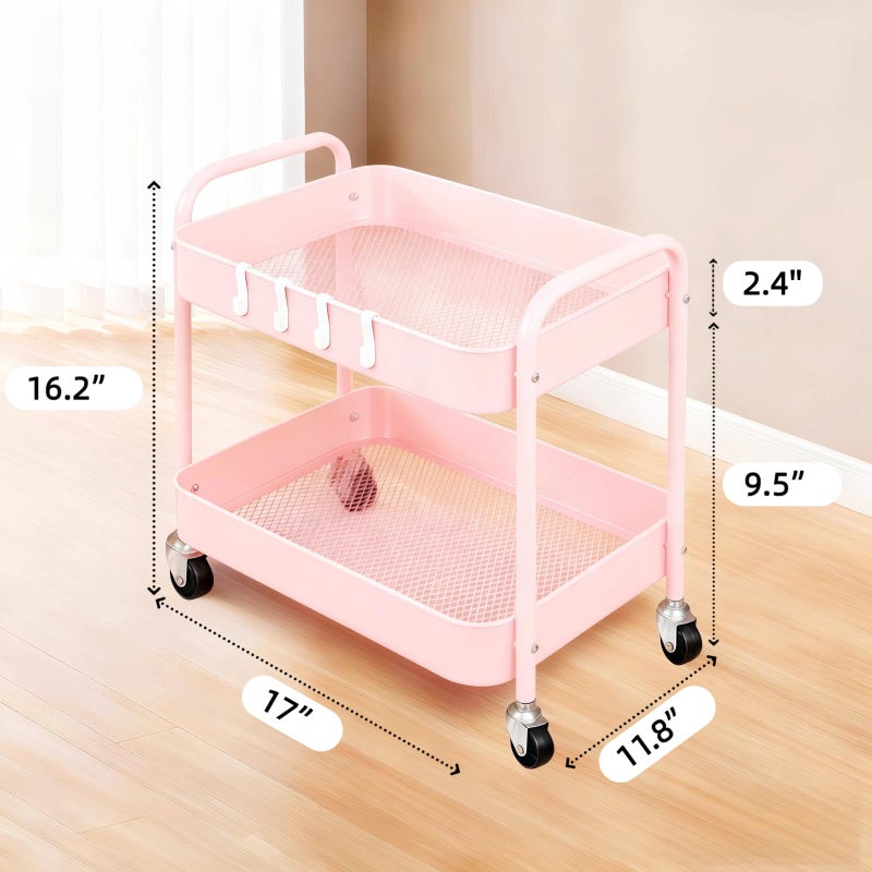 Ufriandz Pink 2 Tier Rolling Cart Metal with Wheels Under Desk Storage Cart for Small Space Organization, Small Trolley for Pantry Room Laundry Bathroom Kitchen Office Art Snack Baby Supplies - Image 5