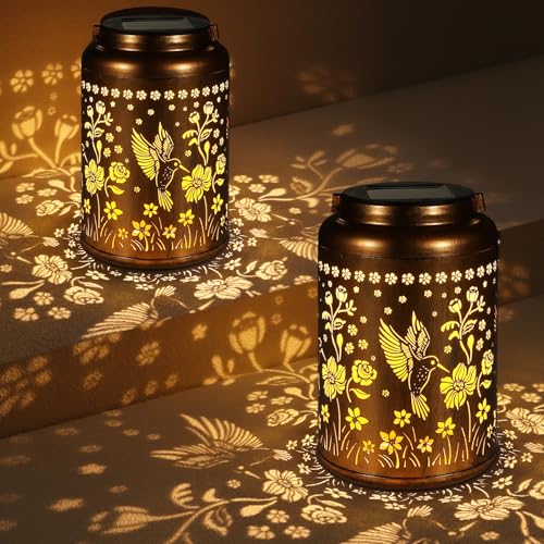Tepaken 2 Pack Solar Lanterns Outdoor Waterproof, Hummingbird Garden Decor Gifts for Women Mom Grandma Hanging Solar Lights Metal Solar Decoration Outside for Yard, Patio, Lawn, Pathway - Image 1