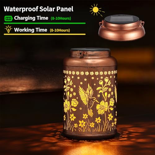 Tepaken 2 Pack Solar Lanterns Outdoor Waterproof, Hummingbird Garden Decor Gifts for Women Mom Grandma Hanging Solar Lights Metal Solar Decoration Outside for Yard, Patio, Lawn, Pathway - Image 3