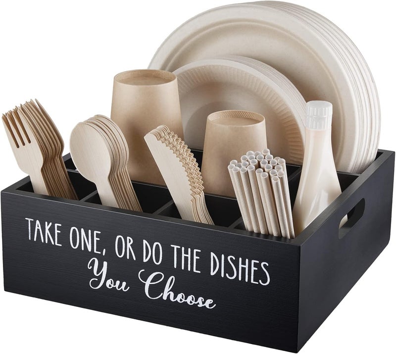 ALELION Paper Plate Dispenser for Countertop  Wooden Utensil Holder Organizer for Party  Silverware Caddy for Plate Cup Fork Spoon  Cutlery Holder with Handles for Kitchen Camping Buffet - Image 1