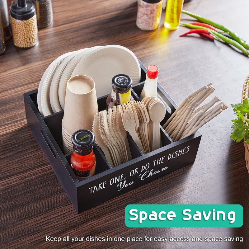 ALELION Paper Plate Dispenser for Countertop  Wooden Utensil Holder Organizer for Party  Silverware Caddy for Plate Cup Fork Spoon  Cutlery Holder with Handles for Kitchen Camping Buffet - Image 5