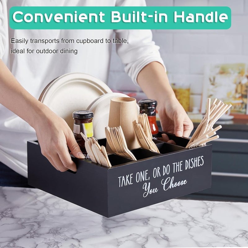 ALELION Paper Plate Dispenser for Countertop  Wooden Utensil Holder Organizer for Party  Silverware Caddy for Plate Cup Fork Spoon  Cutlery Holder with Handles for Kitchen Camping Buffet - Image 2