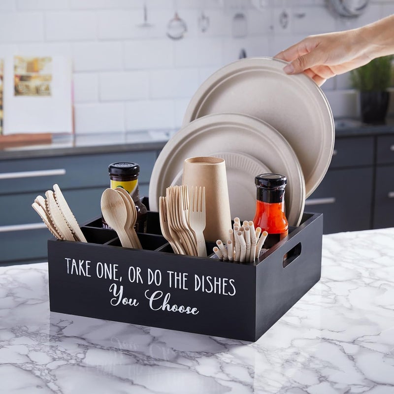 ALELION Paper Plate Dispenser for Countertop  Wooden Utensil Holder Organizer for Party  Silverware Caddy for Plate Cup Fork Spoon  Cutlery Holder with Handles for Kitchen Camping Buffet - Image 3
