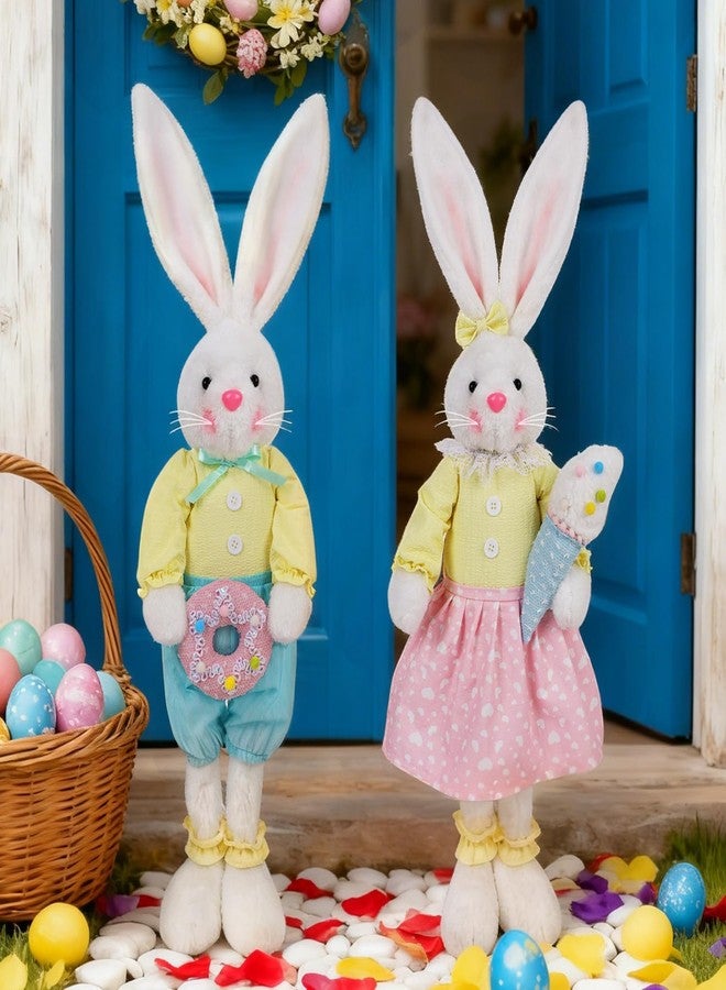 Glintoper 2 Pack Easter Decorations Standing Bunny with Stretchable Legs, 21" to 26" White Rabbits Couple Figurine, Party Favor Photo Props Gifts for Office Kitchen Farmhouse Front Door Spring Home - Image 1