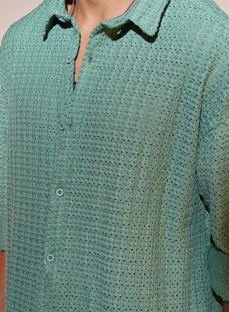 Campus Sutra Men's Sea Green Hollow Knit Oversized Shirt