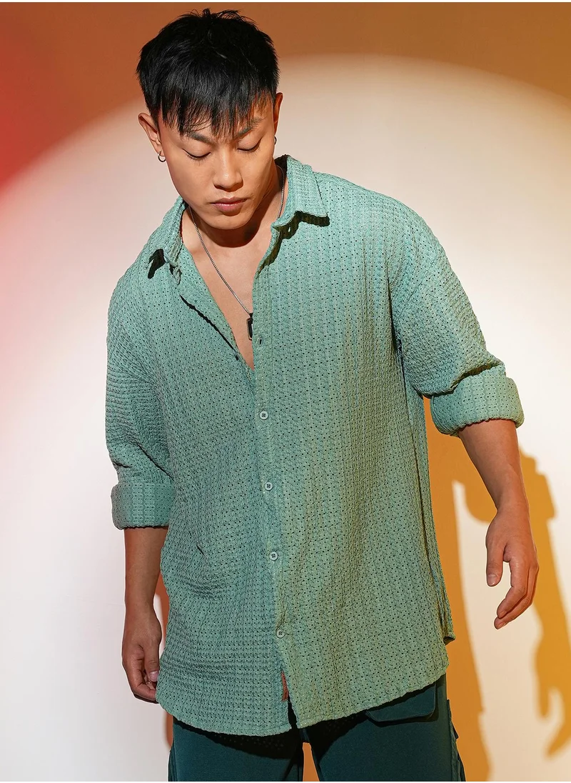 Campus Sutra Men's Sea Green Hollow Knit Oversized Shirt