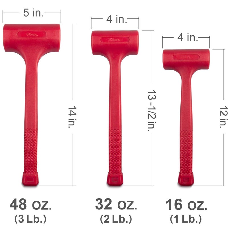 EFFICERE 3-Piece Premium Dead Blow Hammer and Unicast Mallet Set - Include 16-oz (1 lb), 32-oz (2 lb) and 48-oz (3 lb), Neon Red Color | Rebound and Spark Resistant Hammers, Non-Marring and Non-Sparking Design - Image 3