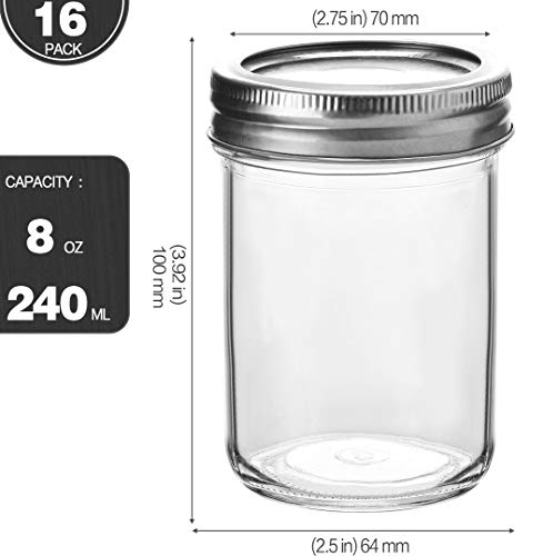 KAMOTA Mason Jars, 8 oz Glass Jars With Regular Lids and Bands, Ideal for Jam, Honey, Wedding Favors, Shower Favors,DIY Spice Jars, 16 Pack, Extra 16 Lids & 20 Whiteboard Labels - Image 2