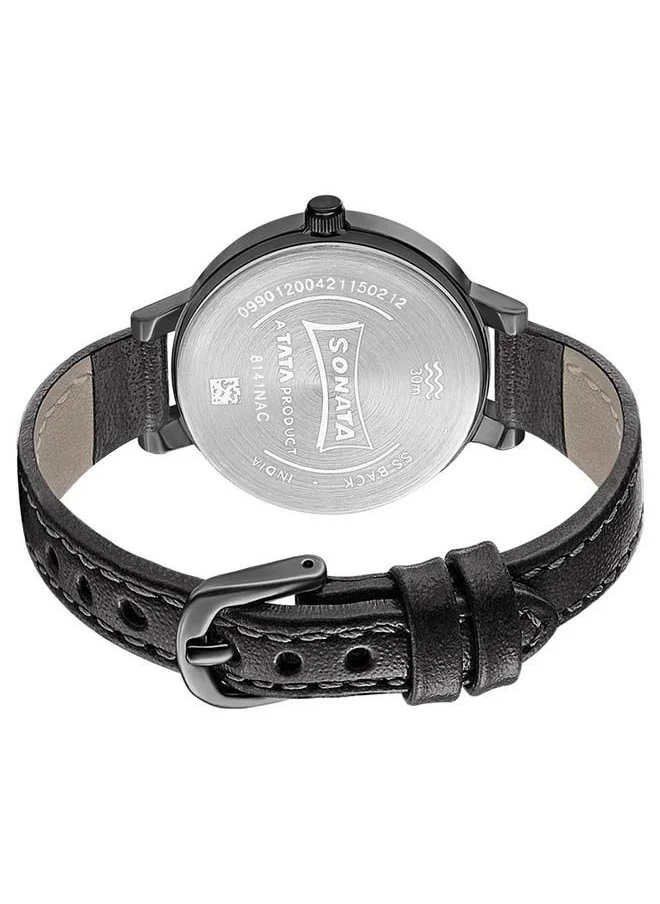 Sonata Round Shape Leather Band Chronograph Wrist Watch 8141NL04 - 32 mm - Black