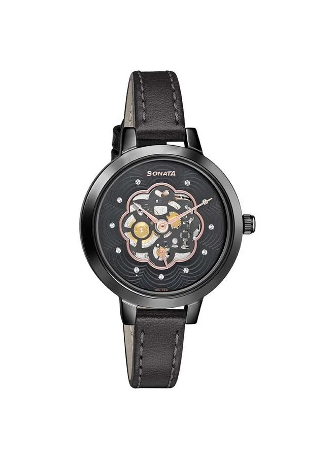 Sonata Round Shape Leather Band Chronograph Wrist Watch 8141NL04 - 32 mm - Black