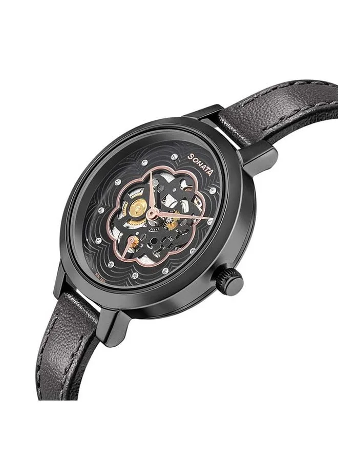 Sonata Round Shape Leather Band Chronograph Wrist Watch 8141NL04 - 32 mm - Black
