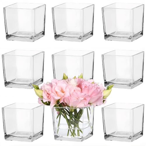 CONNOO 9 Pack Square Glass Vase 4" x 4" x 4", Clear Bulk Flower Vases for Centerpieces, Square Glass Cube Vase Floating Candle Holders for Wedding Party Home Decor - Image 1