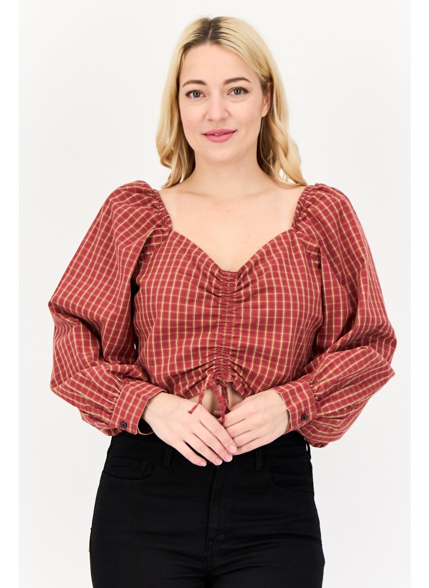 Levi's Women Sweetheart Neckline Long Sleeve Checkered Crop Top, Multicolor  - Image 1