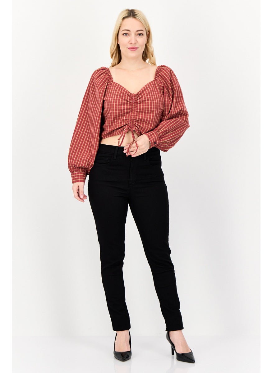 Levi's Women Sweetheart Neckline Long Sleeve Checkered Crop Top, Multicolor  - Image 2