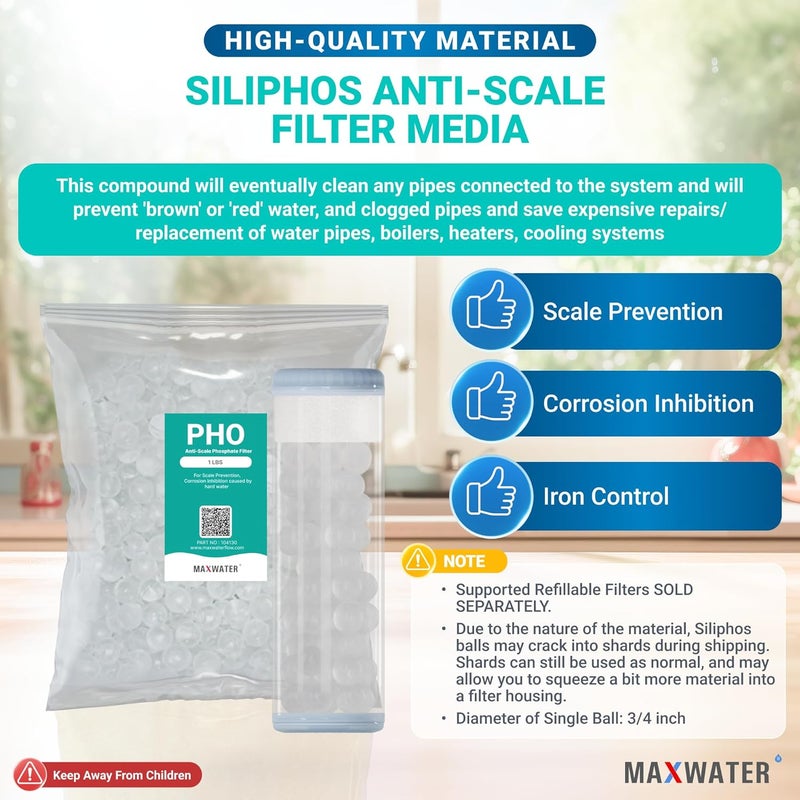 Max Water Anti-Scale Siliphos Crystals (1 LB), Slow-Dissolving Polyphosphate Beads, Anti-Scale Filter Media for Refillable Water Filters, Prevents Scale, Corrosion & Iron Stains - Image 2