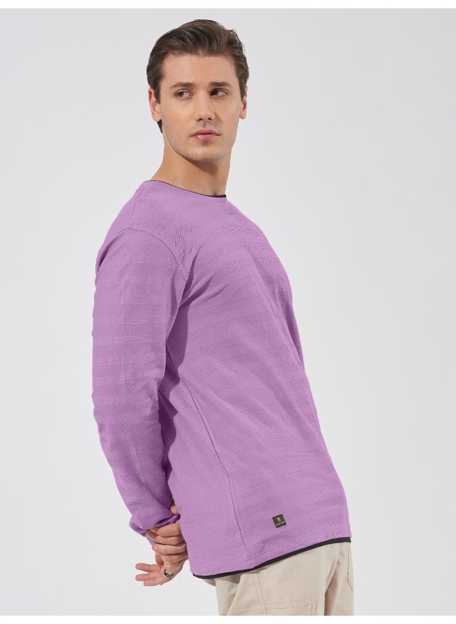Maniac Mens Solid Round Neck Full Sleeve Lavender Cotton Slim Fit T-Shirt  - Image 3