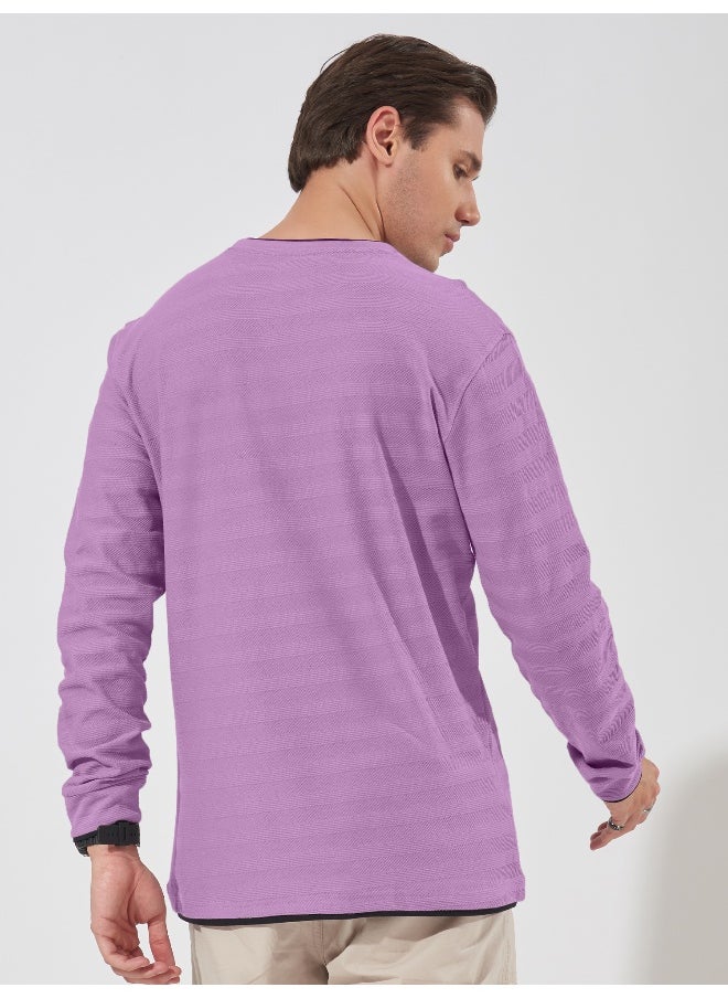 Maniac Mens Solid Round Neck Full Sleeve Lavender Cotton Slim Fit T-Shirt  - Image 2