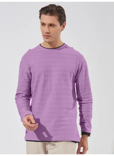 Maniac Mens Solid Round Neck Full Sleeve Lavender Cotton Slim Fit T-Shirt