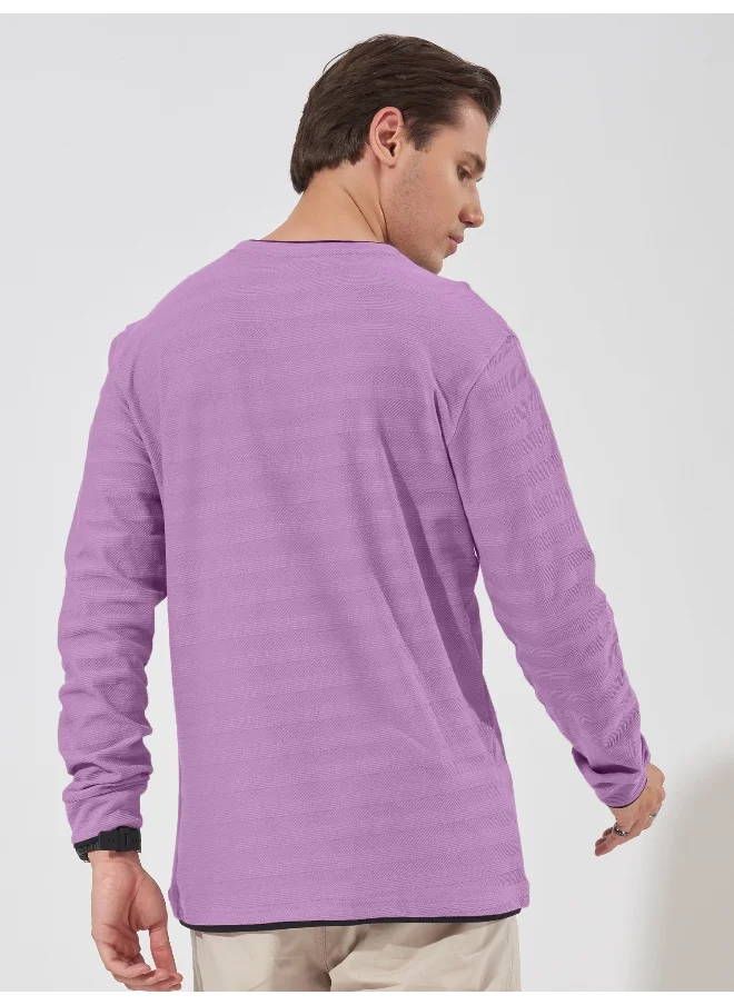 مانياك Mens Solid Round Neck Full Sleeve Lavender Cotton Slim Fit T-Shirt