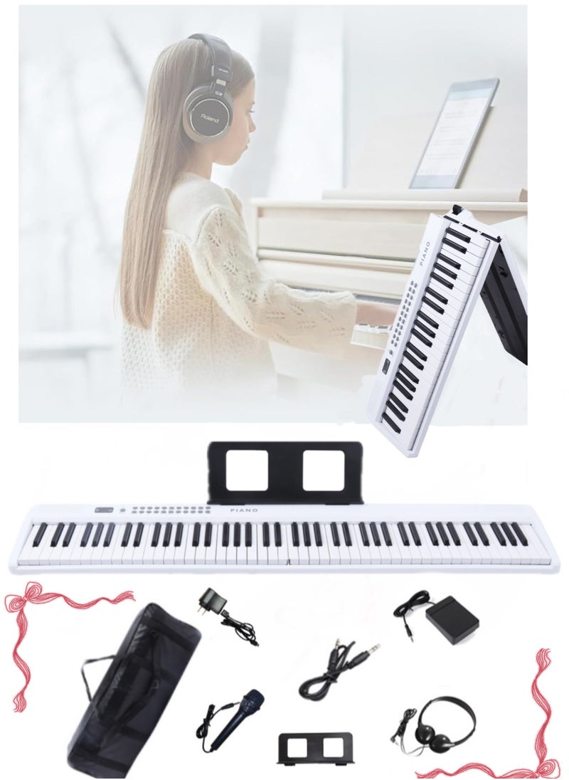 Halamine - 88-key Foldable Piano Keyboard, Double Keyboards Electric Piano, Portable Digital Piano with Sustain Pedal, Handbag, Bluetooth, headset, USB MIDI for Beginner and Adult，White - Image 1