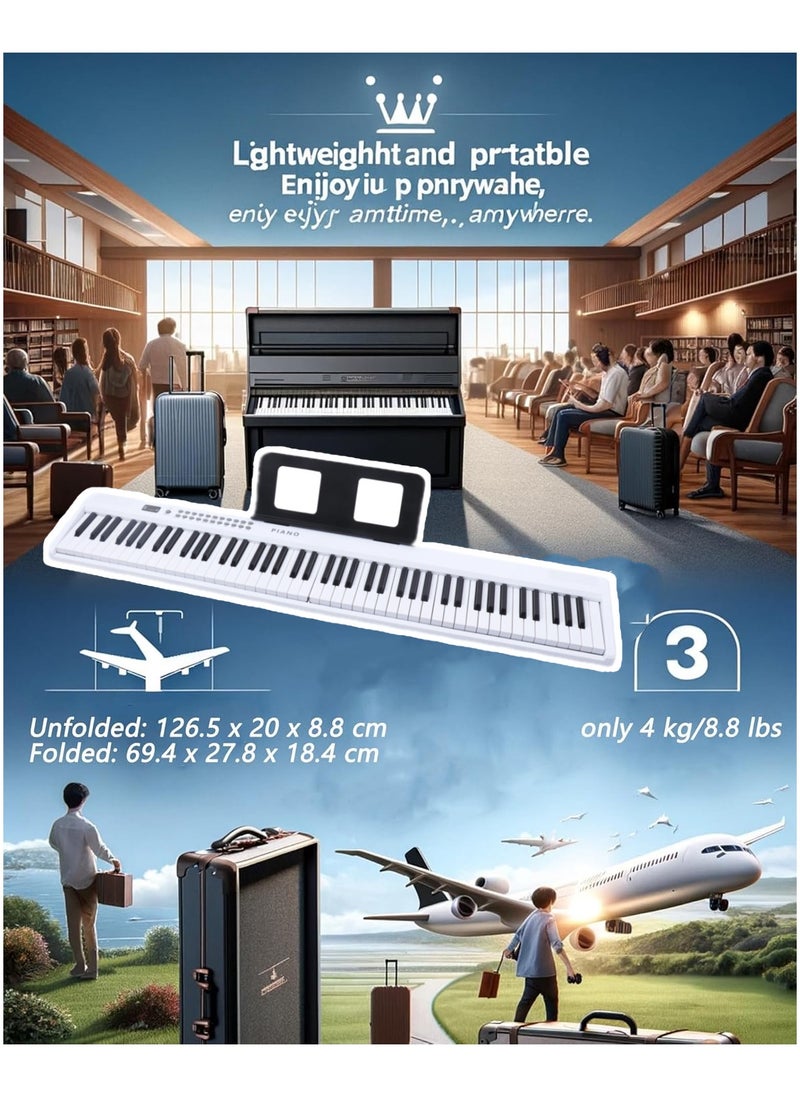 Halamine - 88-key Foldable Piano Keyboard, Double Keyboards Electric Piano, Portable Digital Piano with Sustain Pedal, Handbag, Bluetooth, headset, USB MIDI for Beginner and Adult，White - Image 1