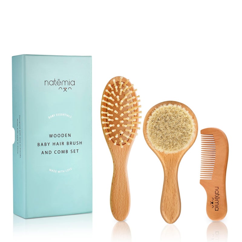 Natemia Baby Hair Brush and Comb Set - Wooden Soft Bristle Brush, Cradle Cap Brush for Newborns and Toddlers - Image 1