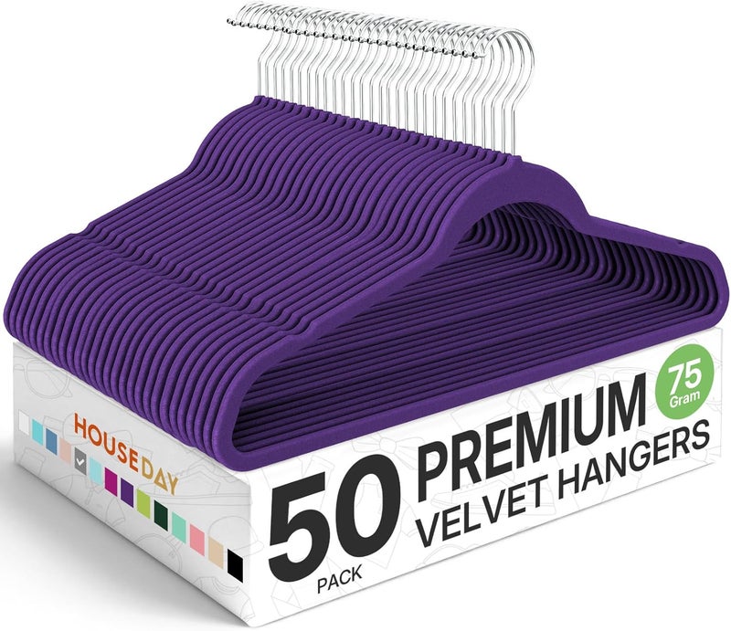 HOUSE DAY Premium Velvet Hangers 50 Pack, Non-Slip Flocked Felt Hangers, Sturdy Clothes Hanger with 360° Rotatable Hook, Heavy Duty Durable Slim Coat Hanger for Closet Space Saving (Noble-Purple) - Image 1