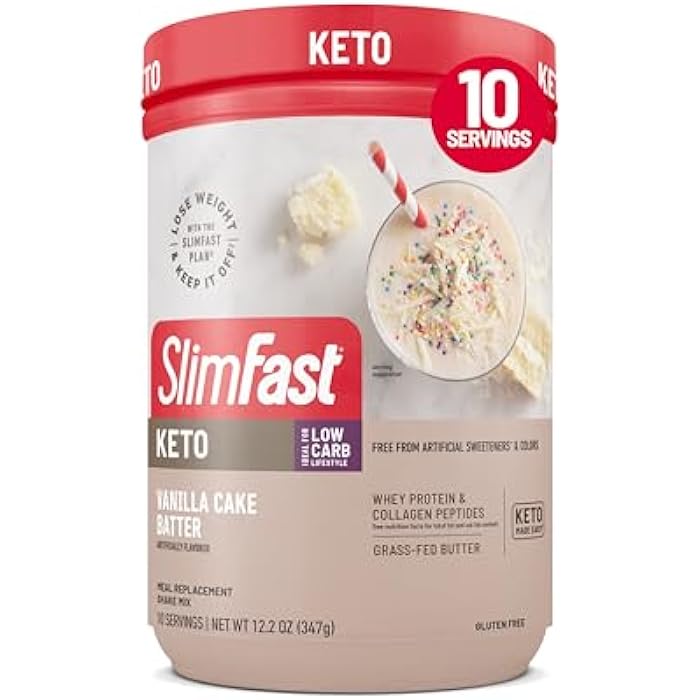 SlimFast Keto Meal Replacement Powder, Keto Meal Replacement Shake, Low Carb, Whey Protein, Collagen Protein, Grass Fed Butter, Weight Loss Shakes Powder, Gluten Free, Vanilla Cake Batter, 10 Servings - Image 1