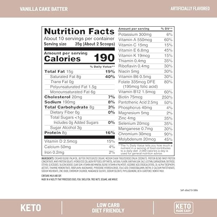 SlimFast Keto Meal Replacement Powder, Keto Meal Replacement Shake, Low Carb, Whey Protein, Collagen Protein, Grass Fed Butter, Weight Loss Shakes Powder, Gluten Free, Vanilla Cake Batter, 10 Servings - Image 3