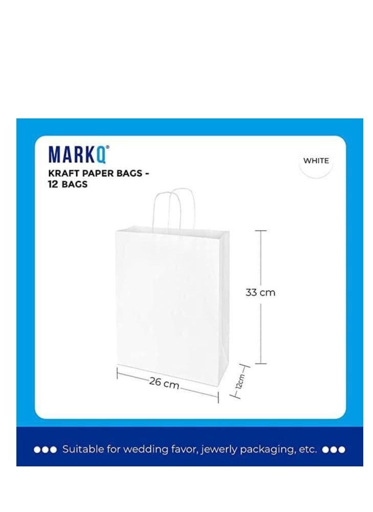 MARKQ أكياس ورقية بيضاء بمقابض مقاس 33 × 26 × 12 سم حقائب هدايا كبيرة من كرافت لحفلات أعياد الميلاد، وحفلات الزفاف، وحفلات الزفاف، والأعمال التجارية (12 كيسًا)  - Image 2