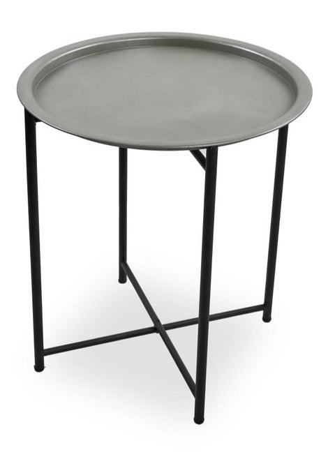 FOLDABLE METAL TABLE CONSISTS OF ROUND TRAY AND BLACK STAND FOR THE LIVING ROOM (DIAMETER 46CM, HEIGHT 51CM) METALLIC SILVER COLOR