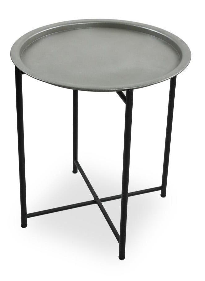 FOLDABLE METAL TABLE CONSISTS OF ROUND TRAY AND BLACK STAND FOR THE LIVING ROOM (DIAMETER 46CM, HEIGHT 51CM) METALLIC SILVER COLOR