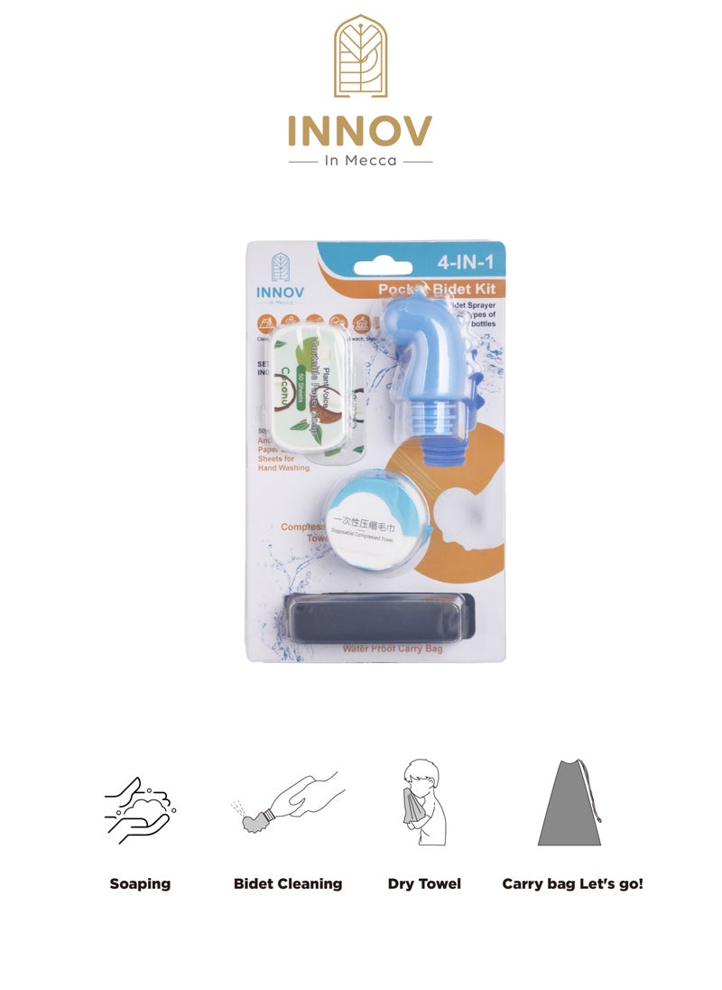 INNOV In Mecca 4 in 1 Pocket Bidet Kit, including mini Bidet Sprayer*1, Compressed Towel *2, Paper Soap 50 sheets*1, Carry Bag*1  - Image 2