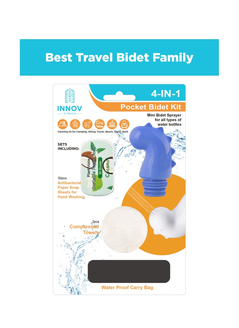 INNOV In Mecca 4 in 1 Pocket Bidet Kit, including mini Bidet Sprayer*1, Compressed Towel *2, Paper Soap 50 sheets*1, Carry Bag*1  - Image 1