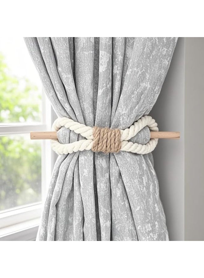 أربطة ستائر بنمط بيت المزرعة، حوامل ستائر بنمط ريفي مضفر، حبل قطني مصنوع يدويًا مع قطع خشبية، أربطة ستائر منسوجة من الخشب الطبيعي العتيق للستائر، قطعتين (أبيض) - Image 1