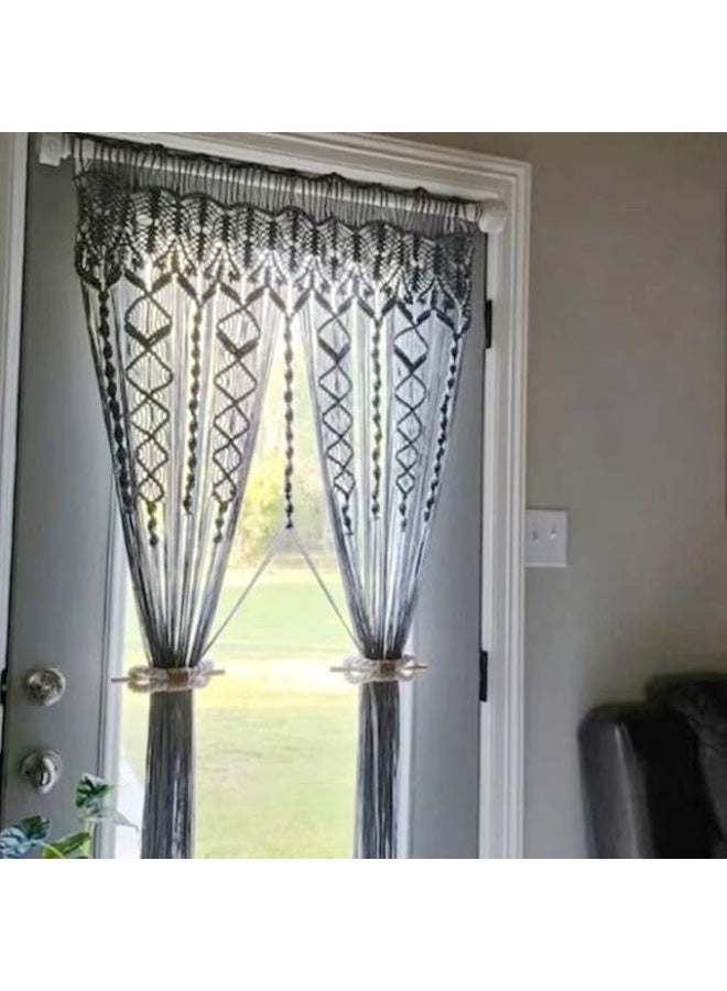 أربطة ستائر بنمط بيت المزرعة، حوامل ستائر بنمط ريفي مضفر، حبل قطني مصنوع يدويًا مع قطع خشبية، أربطة ستائر منسوجة من الخشب الطبيعي العتيق للستائر، قطعتين (أبيض) - Image 3