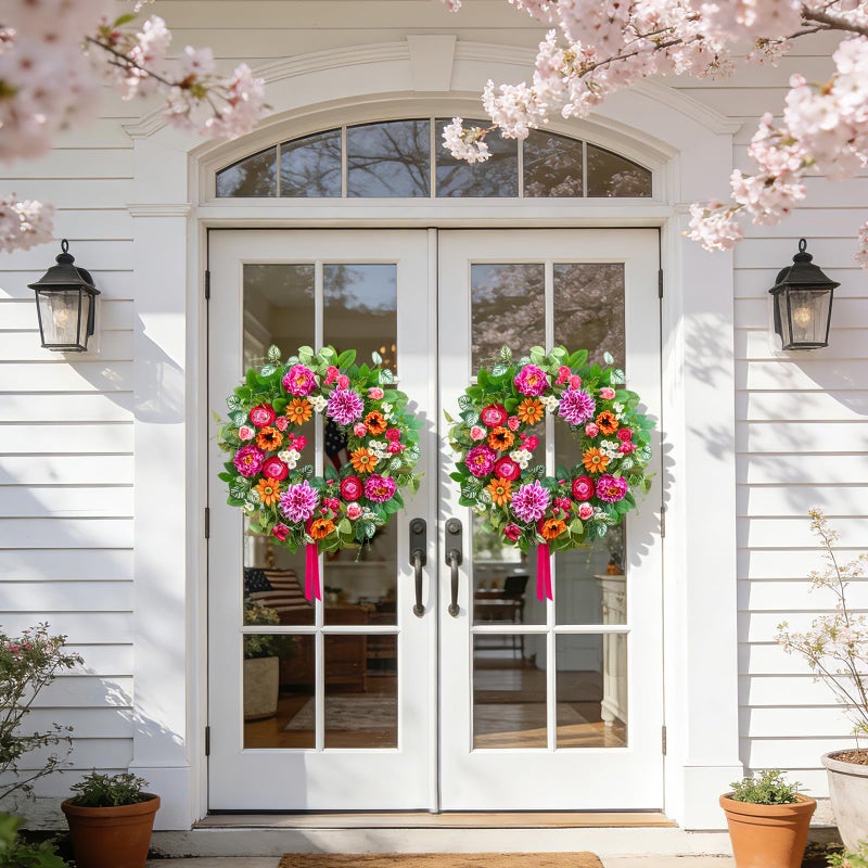 Soomeir Spring Wreaths for Front Door 24 Inch with Dahlia, Peony & Daisy Summer Wreaths for Front Door Outside Spring & Summer Door Wreath for Entryway, Porch & Home DÃ©cor Outdoor Summer Wreath - Image 5
